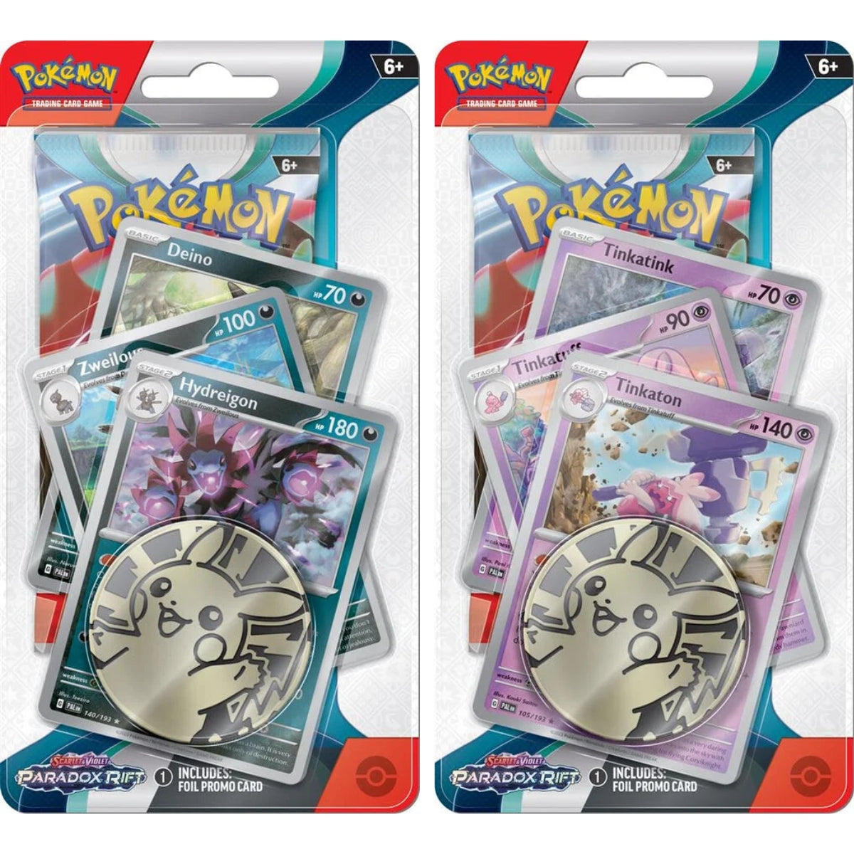 pokemon-paradox-rift-hydreigon-tinkaton-schwarz-lila-münze-pikachu-booster-pack